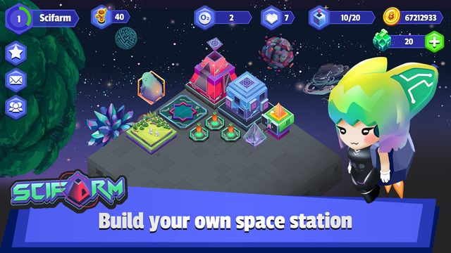 Scifarm gameplay: an isometric space station floating in space with crop plots and buildings, captioned Build your own space station