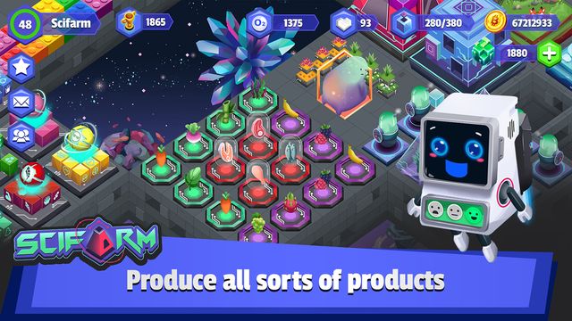 Scifarm gameplay: a production lab of hexagonal tiles growing carrots, peppers and berries beside a robot character, captioned Produce all sorts of products