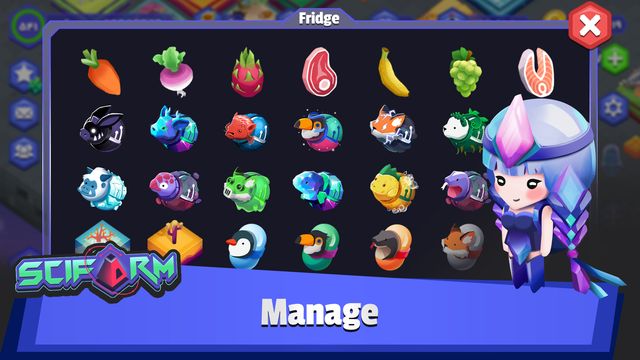 The Scifarm Fridge screen showing raw ingredients and unlocked alien creatures in a grid, captioned Manage