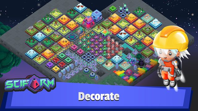 Scifarm gameplay: a fully built space station covered in crop plots, habitats and decorations, captioned Decorate